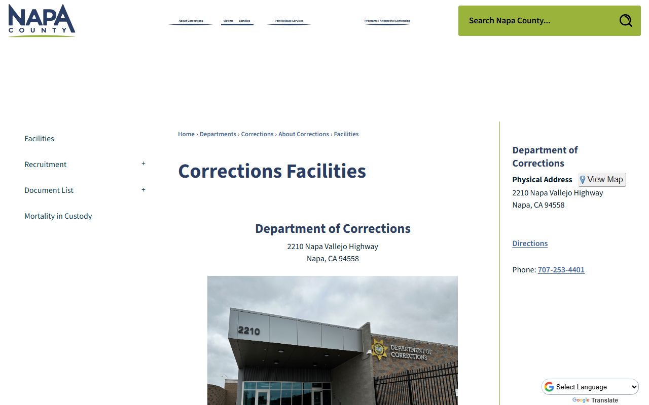 Napa County Department of Corrections facility information for Napa County Jail custody records