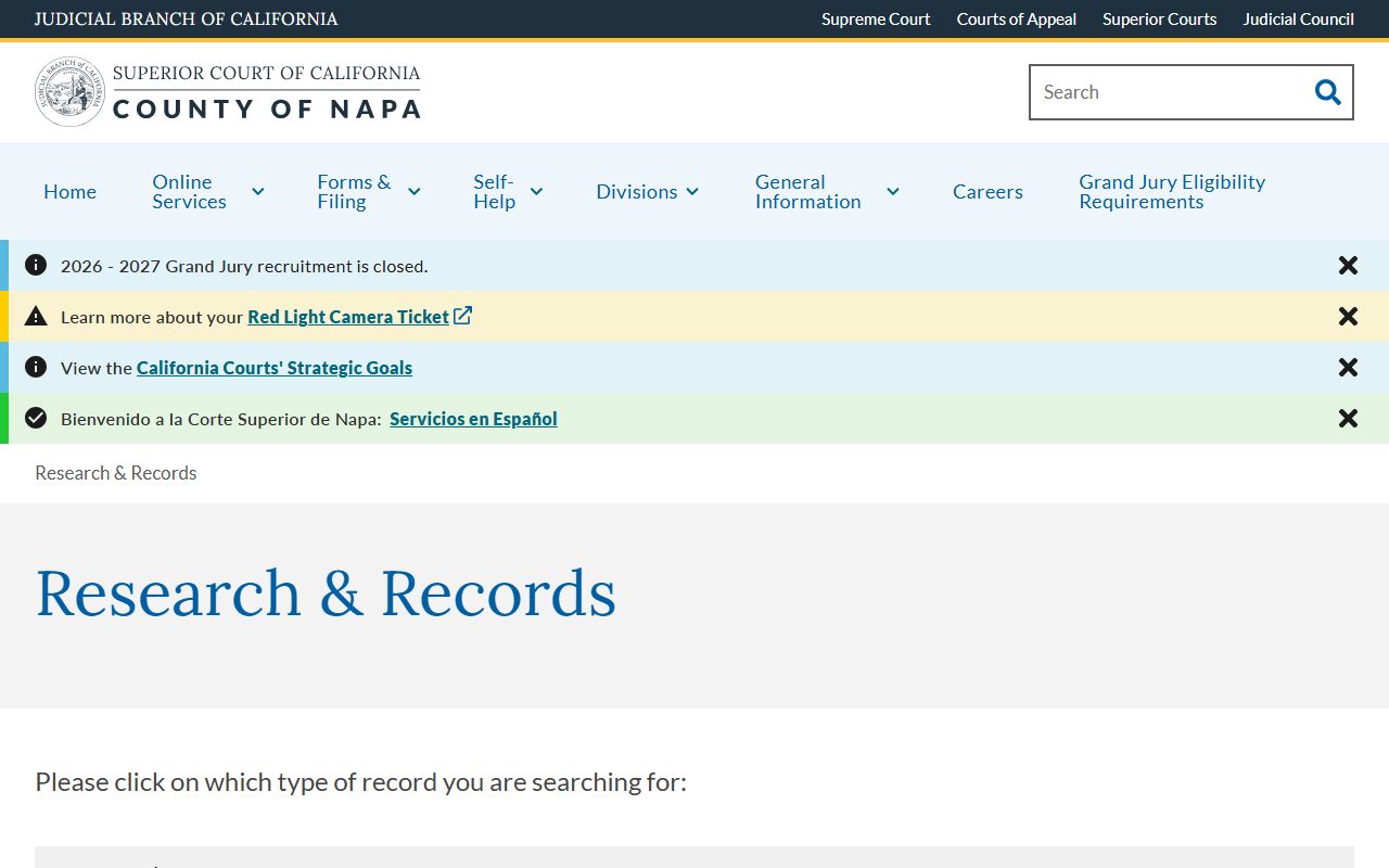 Napa County court records after arrest research and records page